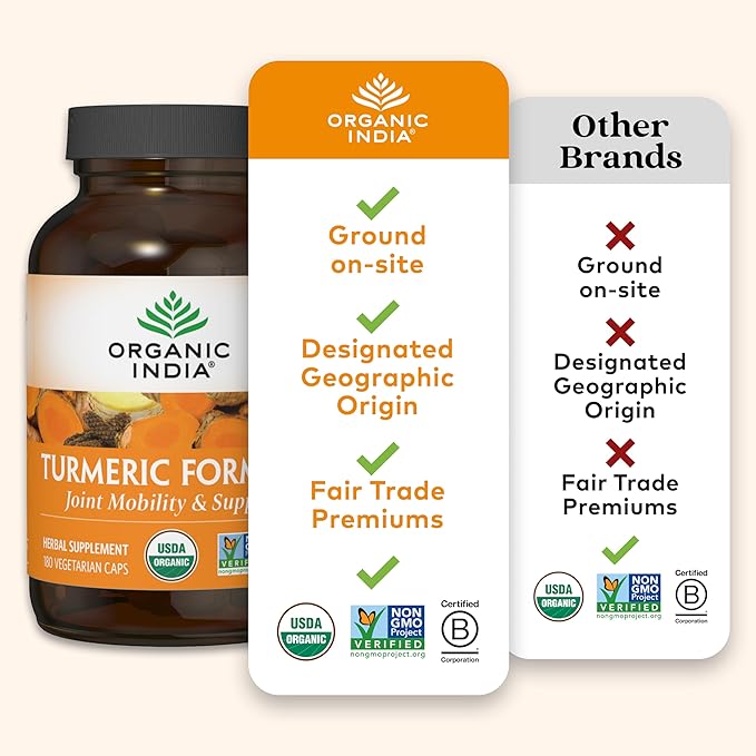 ORGANIC INDIA Turmeric Curcumin with Black Pepper - Organic Turmeric Supplement and Curcumin Supplement, Turmeric Capsules, Joint Support & Immune System Support, Whole Root, Trikatu - 180 Capsules
