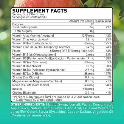 Multivitamin Gummies,16-in-1 Supplement with Essential Vitamins & Minerals for Overall Health, Vegetarian & Gluten-Free, Apple Flavor, 60 Count