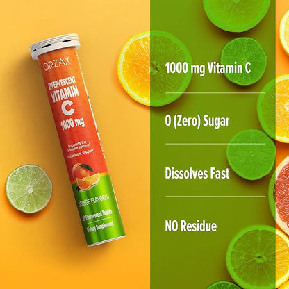 ORZAX Vitamin C 1000 mg Effervescent Tablets | Sugar Free, Gluten Free, GMO Free | Dissolvable Vitamin C Supplement for Immune Support & Antioxidant Support | Orange Flavored (1000mg - 20 Tablets)