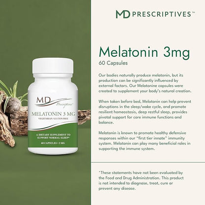 Melatonin 3mg Supplement for Men & Women - Promotes Deep Sleep, Supports Immune Balance & Glutathione Production - 60 Daily Capsules