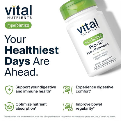Hyperbiotics Vital Nutrients Pro-15 Prebiotics + Probiotics for Women and Men | 15 Science Backed Strains | Supports Occasional Constipation, Diarrhea, Gas & Bloating | 60 Vegan Time Release Pearls