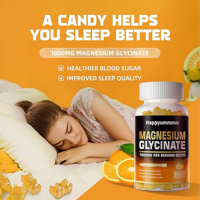 Magnesium Glycinate Gummies 1000mg - Sugar Free Magnesium Potassium Supplement with Vitamin D, B6, CoQ10 for Calm Mood & Sleep Support - 120 Orange Gummies.