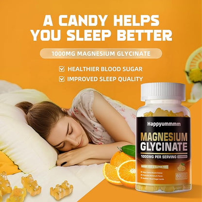 Magnesium Glycinate Gummies 1000mg - Sugar Free Magnesium Potassium Supplement with Vitamin D, B6, CoQ10 for Calm Mood & Sleep Support - 120 Orange Gummies.