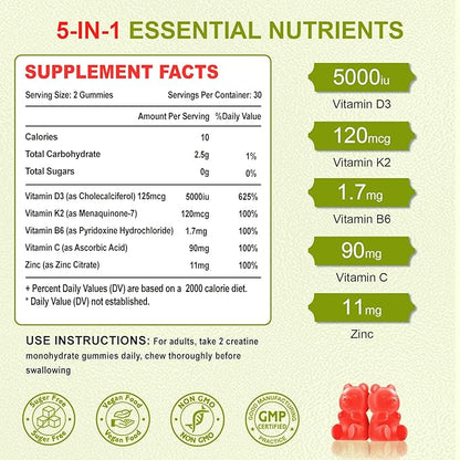 Vitamin D3 K2 Gummies for Adults, Vitamin D3 5000 IU & K2 (MK7) 120mcg, Sugar-Free D3 K2 Supplements with Vitamin B6, C & Zinc, Support Bone, Teeth, Muscle & Immunity, 60 Count