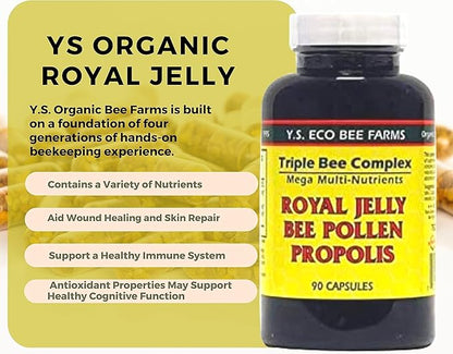 YS Organics Triple Bee Complex, Royal Jelly, Bee Pollen, Propolis - The Power of Nature Packed in 90 Capsules with Bonus worldwidenutrition Multi Purpose Key Chain