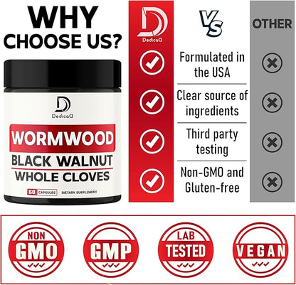 12in1 Wormwood Capsules Black Walnut Cloves, Ginger, Turmeric Curcumin & Black Pepper - Support Digestion Health, Immune System - 60 Capsules