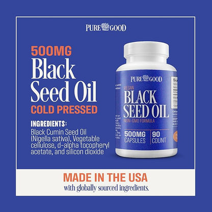 Black Seed Oil Capsules, 500 Mg, Cold Pressed High Potency Digestive Aid, 90 Count 100% Non GMO Pure Black Cumin Seed Oil Capsules