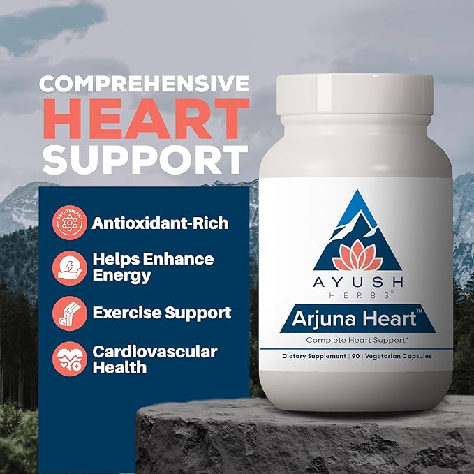 Ayush Herbs Arjuna Heart - Complete Heart-Support Supplement, Natural Arjuna, Magnesium & CoQ10 Formula for Women & Men - 90 Vegetarian Caplets (1 Count)