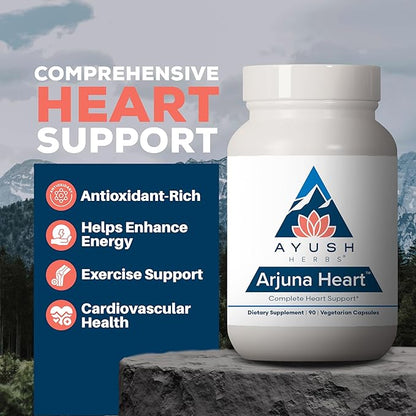 Ayush Herbs Arjuna Heart - Complete Heart-Support Supplement, Natural Arjuna, Magnesium & CoQ10 Formula for Women & Men - 90 Vegetarian Caplets (1 Count)