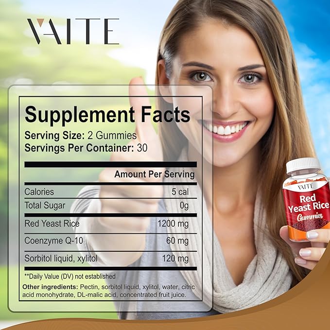 VAITE Red Yeast Rice with Coq10 Gummies - 1200 mg RYR Synergy Organic Supplement with Coenzyme Q10 Monacolin K, Non-GMO & Citrinin Free Herbal Vegetarian Gummy Chews 60 Count (2 Pack)