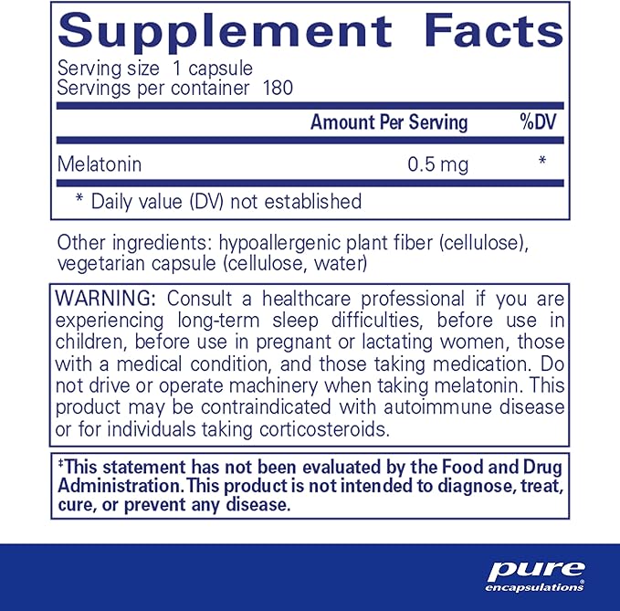 Pure Encapsulations Melatonin 0.5 mg - Natural Sleep Helper for Bedtime - Regulates Sleep-Wake Cycle - 0.5 mg Melatonin - Vegan & Non-GMO - 180 Capsules