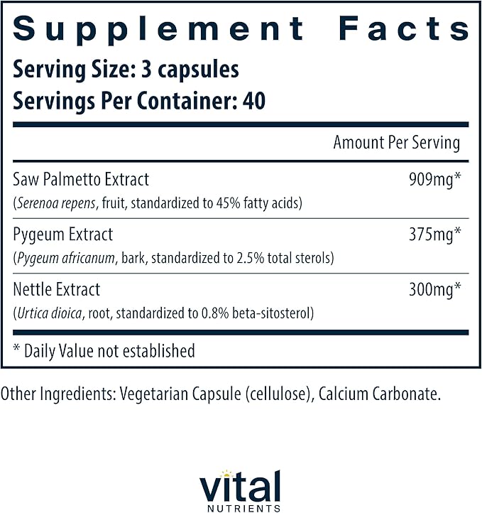 Vital Nutrients Saw Palmetto with Pygeum & Nettle Root - Vegan Saw Palmetto for Men Supports Healthy Prostate Function* - Gluten, Dairy, Soy Free - 120 Capsules
