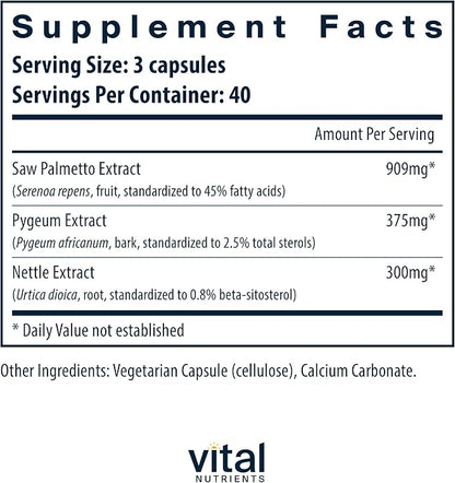 Vital Nutrients Saw Palmetto with Pygeum & Nettle Root - Vegan Saw Palmetto for Men Supports Healthy Prostate Function* - Gluten, Dairy, Soy Free - 120 Capsules