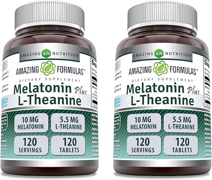 Amazing Formulas Melatonin 10 Mg Plus L-Theanine 5.5 Mg Supplement | 120 Tablets | Non-GMO | Gluten Free | Made in USA | Pack of 2