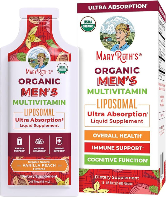 MaryRuth Organics Multivitamin for Men | USDA Organic | Sugar Free Mens Multivitamin Liposomal | Liquid Vitamins for Men | Immune Support Supplement & Overall Wellness | Vegan | 14-0.5 Fl Oz Pouches