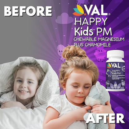 VAL Sugar-Free Calm Magnesium for Kids PM Chewable Tablets | Magnesium Glycinate, Citrate & Taurate | Chamomile & Vitamins B6 & C | Bedtime Support | Non-GMO | Grape Flavor | 60 Count