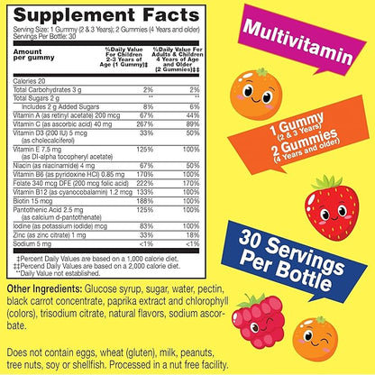 Kids Multivitamin Gummies | Vitamin C, D3, E, A, B6, B12, Biotin, Zinc, Folic Acid, Iodine, and Niacin | Immune and Energy Support | Orange and Berry Flavor | 60 Count
