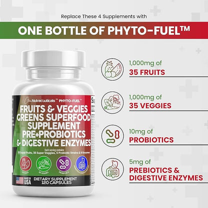 Clean Nutraceuticals Fruits and Veggies Supplement Reds & Green Superfood - Balance of Over 70 Fruit & Vegetable Supplements Capsules with Probiotics Prebiotics Digestive Enzymes - 120 Ct USA