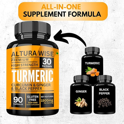 Turmeric Curcumin with Ginger & Black Pepper – Extra Strength Joint & Digestion Support – Natural, Non-GMO – Ultra High Absorption Turmeric Supplement – 1500mg, 90 Count