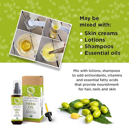 Organic Veda Neem Oil - Pure, Cold Pressed & Organic Neem Oil for Skin, Hair, Face, Body, Scalp - Natural Moisturizer, Virgin Neem seed oil - Rich in Vitamin E, Fatty Acids, Antioxidants - 3.4 fl oz