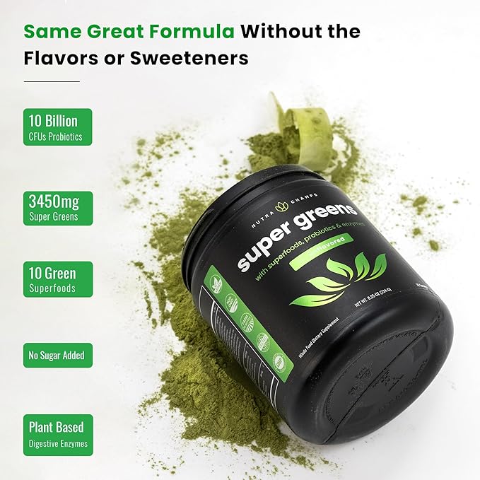NutraChamps Super Greens Powder Premium Superfood | 20+ Organic Green Veggie Whole Foods | Wheat Grass, Spirulina, Chlorella | Antioxidant, Digestive Enzyme & Probiotic Blends (9.0 Oz, Unflavored)