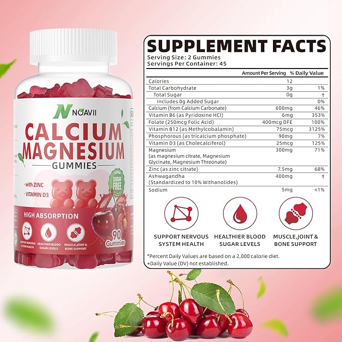Calcium Magnesium Zinc Gummies with Vitamin D3, ashwagandha Supplement - High Potency Enhanced Absorption - Cherry Flavor-180 Count