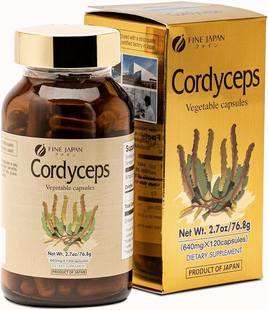 FINE JAPAN Cordyceps Mushroom Capsules - Premium Cordyceps Militaris and Sinensis Extract for Optimal Health Benefits, 100% Authentic Cordyceps in Easy-to-Swallow Capsules