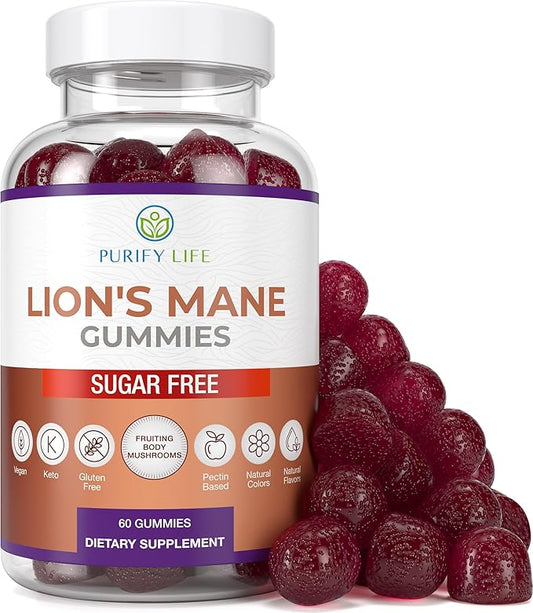 Purify Life Sugar Free Lions Mane Supplement Gummies - Nootropic Supplement for Cognition, Brain Power, and Stress Response - Natural Berry Flavor - 60ct