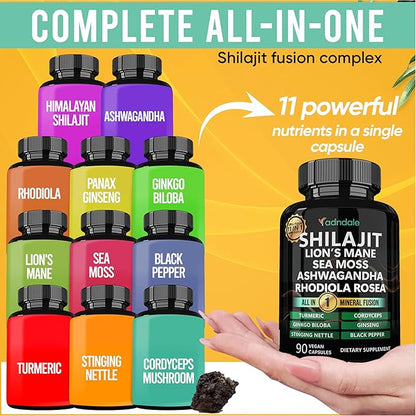 Shilajit Ultra Force 11-in-1. Pure Himalayan Organic Shilajit Capsules with Sea Moss Ashwagandha Rhodiola Rosea Panax Ginseng Turmeric Lion’s Mane Ginkgo Cordyceps Stinging Nettle