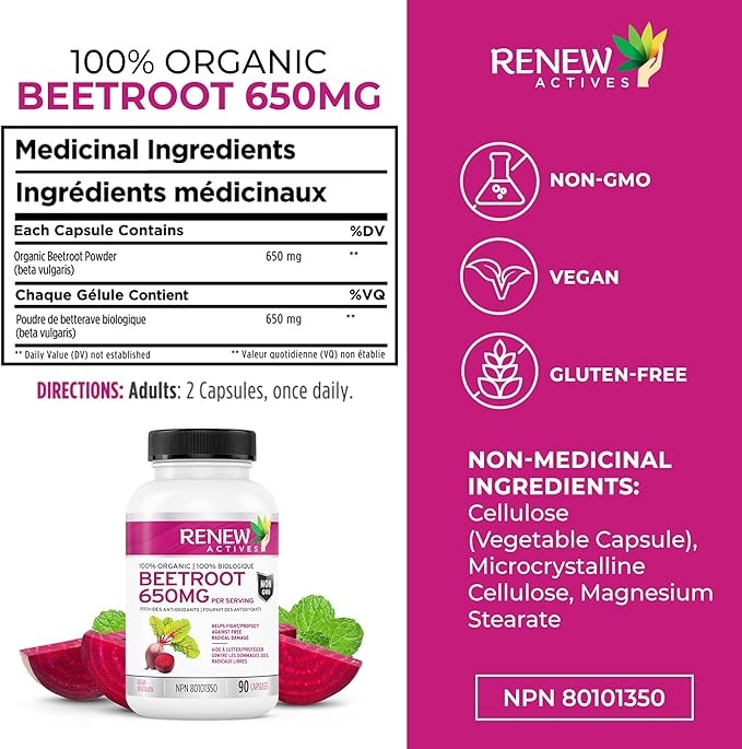 Renew Actives Organic Beetroot Supplement 1300MG per 2 Capsules - Pure Beetroot Powder for Circulation, Natural Energy, & Antioxidant Benefits - High-Potency Superfood, Made in Canada - 90 Capsules