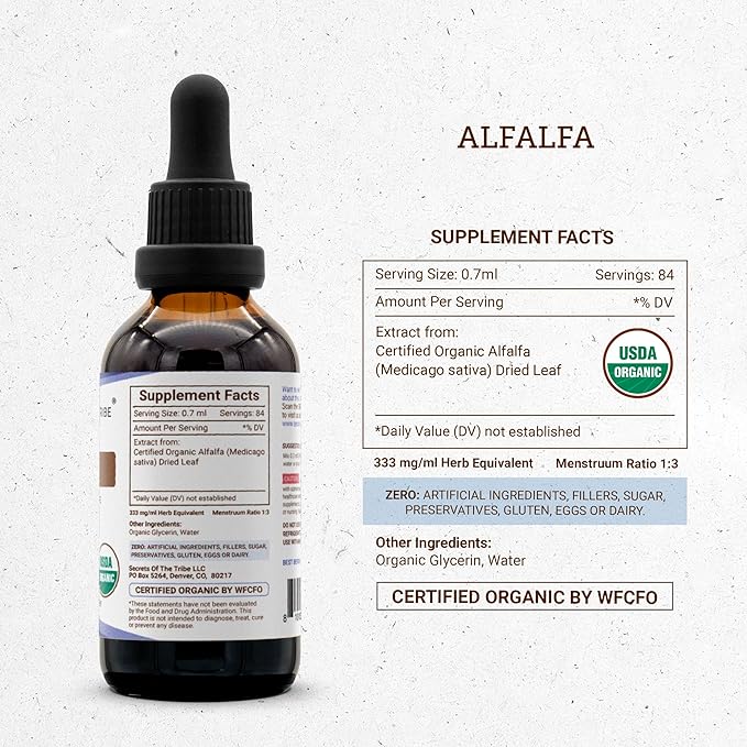 Secrets of the Tribe Alfalfa USDA Organic | Alcohol-Free Extract, High-Potency Herbal Drops | Made from 100% Certified Organic Alfalfa Dried Leaf (2 oz)