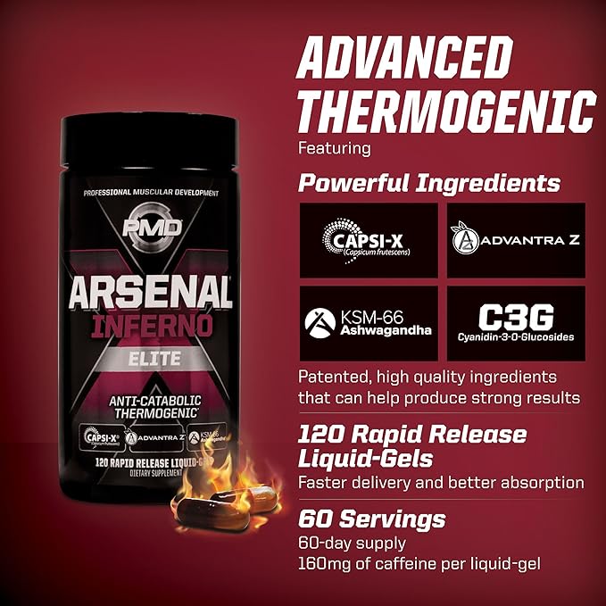 PMD Sports Six Week Inferno Stack - Maximum Strength Fat Burner and CLA Omega Fatty Acid to Lose Fat Fast and Increase Muscle Tone - Arsenal X Inferno/120 Liquid Gels, Omega Cuts Elite/180 Softgels