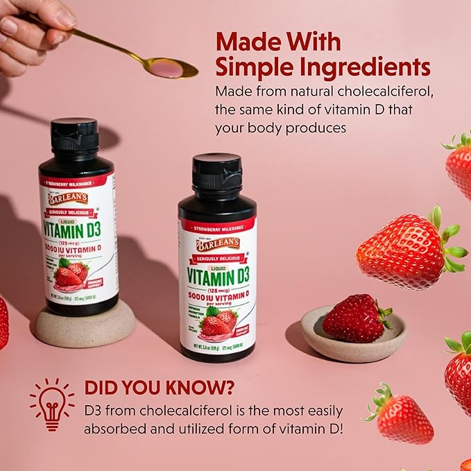 Barlean's Pack of 2 Liquid Vitamin D Supplement for Kids and Adults with 5000 IU D3, Strawberry Milkshake Flavored Sugar Free Vitamins for Children, 5.6 oz Each