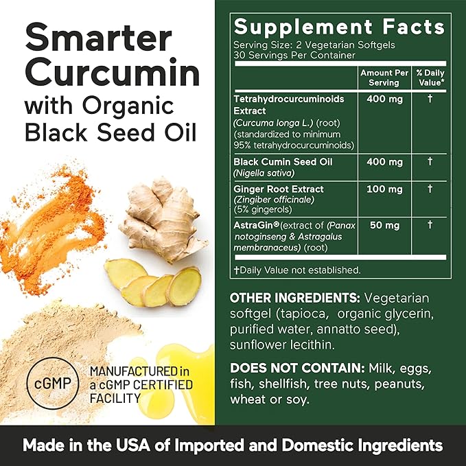 Smarter Nutrition Curcumin Softgels - Vegan High Absorption 400 mg Curcumin Supplement Standardized to 95% Tetrahydrocurcuminoids + Organic Black Seed Oil & Ginger for Joint & Immune Health - 180 Ct
