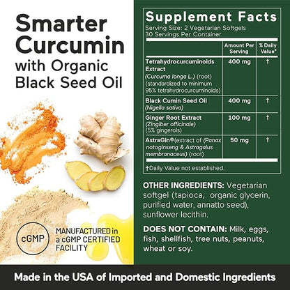 Smarter Nutrition Curcumin Softgels - Vegan High Absorption 400 mg Curcumin Supplement Standardized to 95% Tetrahydrocurcuminoids + Organic Black Seed Oil & Ginger for Joint & Immune Health - 180 Ct