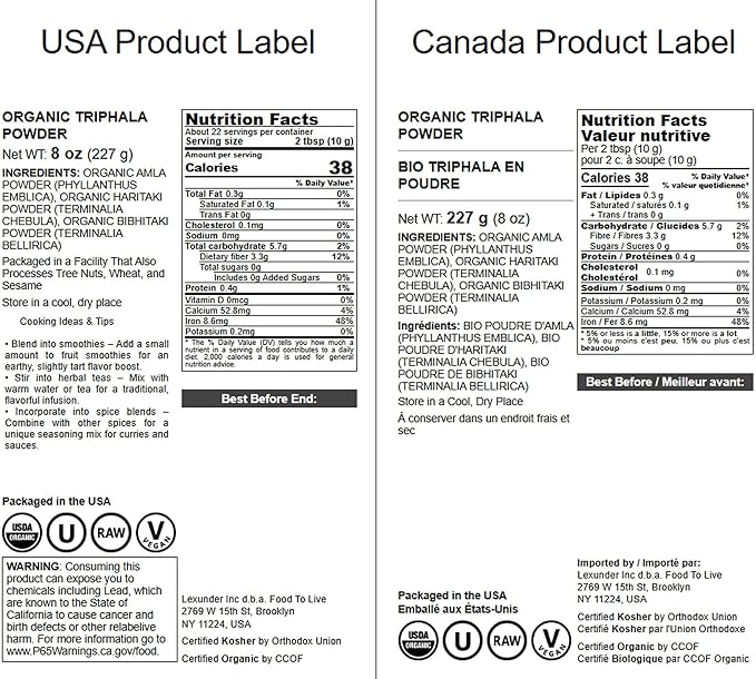 Food to Live Organic Triphala Powder, 8 Ounces – Natural Detox, Blend from Fruits Amalaki, Haritaki and Bibhitaki, Non-GMO, Perfect for Tea and Smoothies, Vegan, Kosher, Bulk