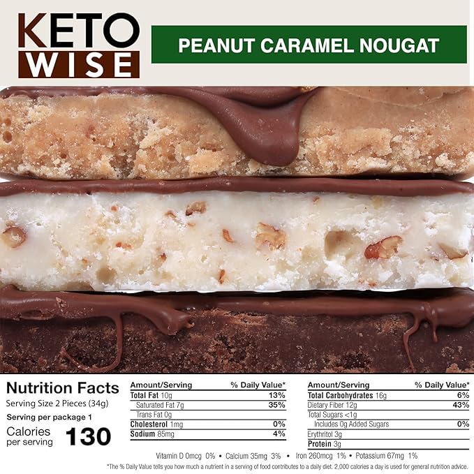 Keto Wise Fat Bombs - Made with Chocolate containing MCT Oil - Low Fat, Low Carb and Keto Friendly Snack - 7g Fat, 2g Net Carbs | Peanut Caramel Nougat, Pack of 16