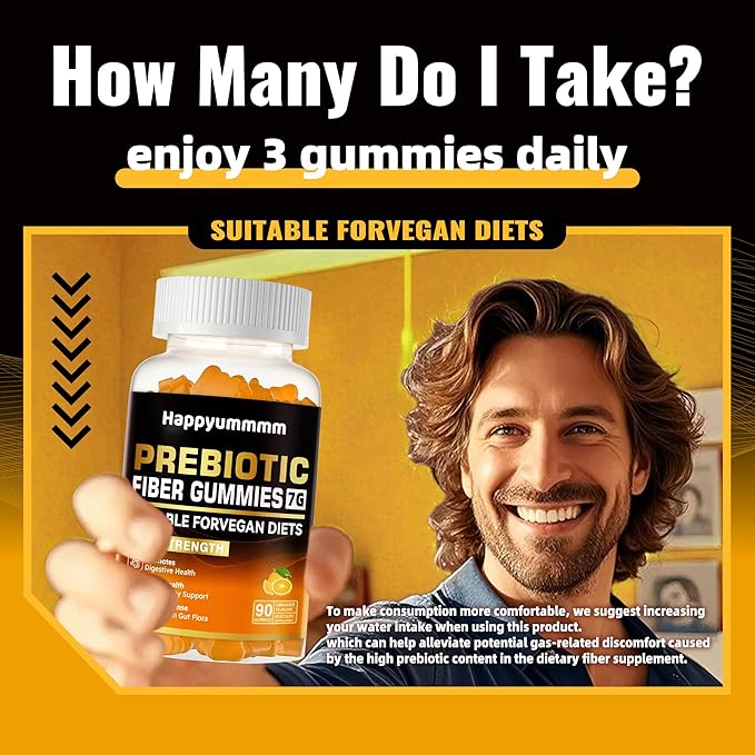 Prebiotic Fiber Gummies for Adults, 7G Extra Strength, Zero Sugar Added, 90 Pectin Based Gummies, Digestive Health -Orange