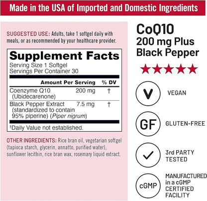 NatureWise CoQ10 200mg Softgels, High Absorption Coenzyme Q10 with BioPerine Black Pepper - Antioxidant for Heart Health + Cellular Energy - Vegan, Non-GMO, Gluten-Free - 30 Count[1-Month Supply]