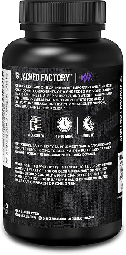 Jacked Factory Lean PM Max - High-Performance Weight Loss, Sleep Support, Fat Burner, & Appetite Suppressant for Men and Women w/Melatonin, Magnesium, Carnipure, & Ashwagandha - 120 Diet Pills