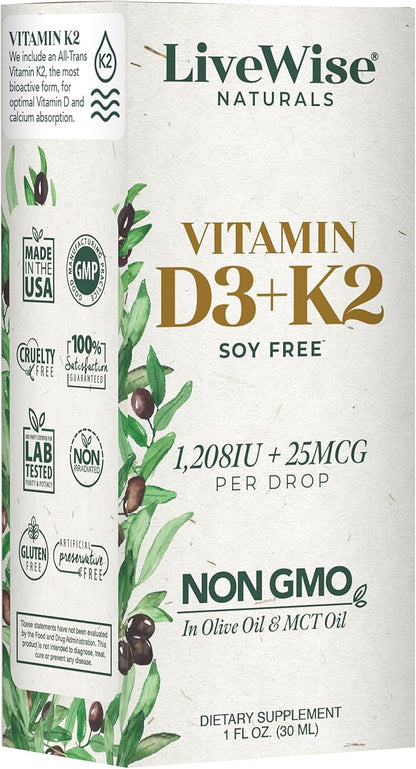 Vitamin D3 with K2 Liquid Drops, All Natural, Non-GMO, 1208iu D3 and 25mcg K2 (mk7) per Serving, Support Your Bones, Immune System and Energy Levels, with or Without Peppermint Oil