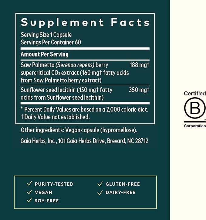 Gaia Herbs Saw Palmetto - Supports Healthy Prostate Function for Men - Contains Saw Palmetto and Sunflower Seed Lecithin to Support Men’s Health - 60 Vegan Liquid Phyto-Capsules (30-Day Supply)