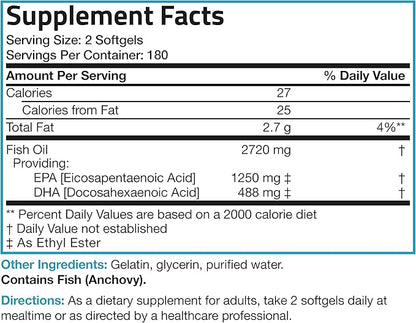 Bronson Omega 3 Fish Oil Triple Strength 2720 mg, High EPA 1250 mg DHA 488 mg, Non-GMO Heavy Metal Tested, 360 Softgels