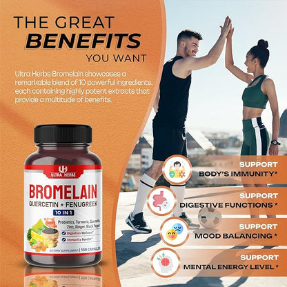 Bromelain Supplement with Quercetin, Zinc, Fenugreek, Turmeric, Ginger, Black Pepper & Probiotics - Supports Digestion, Joint Health & Nutrient Absorption | 150 Capsules