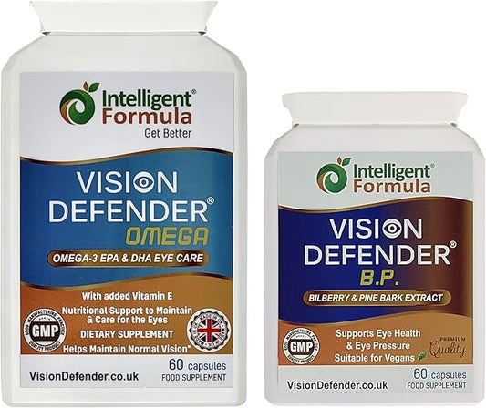Vision Defender BP and Vision Defender Omega Eye Care Bundle – Eye Supplements to Support Eye Health with Bilberry, Pine Bark, Omega-3 Fish Oil (EPA, DHA), Vitamin E. Made in UK by Eye Specialists