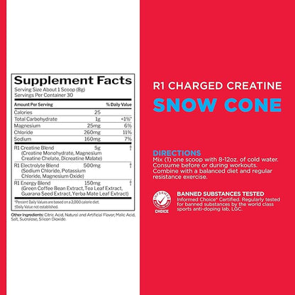 Rule 1 Charged Creatine - Multi-Function Workout Supplement with Creatine, Electrolyte, and Energy Blends for Intensity, Performance, & Hydration Support (30 Servings, Snow Cone)