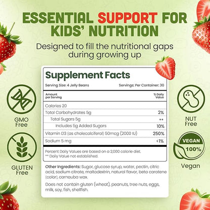 Vitamin D3 Jelly Beans - Chewable Vitamins Gummies for Kids Immune Support - Multivitamin Supplements for Bone & Joint Support - 2,000 IU Vegetarian Gummy - 120 Strawberry Flavor Beans