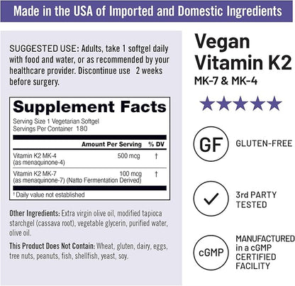 NatureWise Vitamin K2 Supplement with MK-7 100mcg and MK-4 500mcg - Enhanced Bioavailable Formula - K Complex for Bone and Heart Health - Vegan, Gluten Free, Non-GMO - 180 Softgels[6-Month Supply]