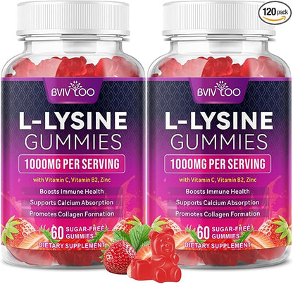 2 Pack L-Lysine 1000mg Gummies for Immune Support & Skin Health - High Potency Vegan Gummies, Sugar-Free, Natural Berry Flavor, Gluten-Free Chewable Supplement for Adults & Kids - 120 Gummiess