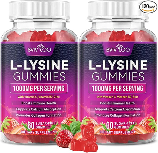 2 Pack L-Lysine 1000mg Gummies for Immune Support & Skin Health - High Potency Vegan Gummies, Sugar-Free, Natural Berry Flavor, Gluten-Free Chewable Supplement for Adults & Kids - 120 Gummiess